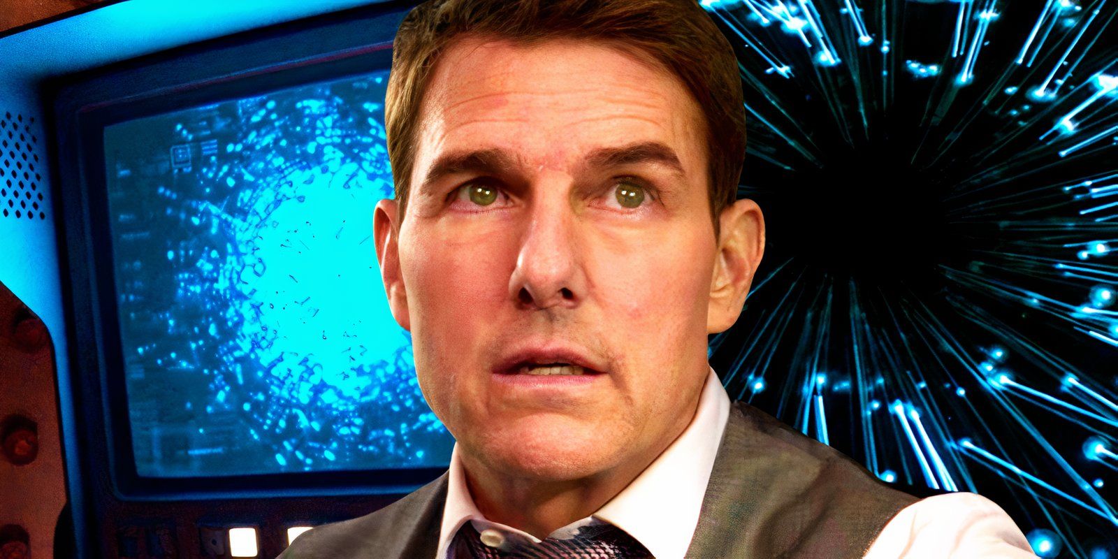 Tom Cruise looking defeated as Ethan Hunt juxtaposed with The Entity in Mission Impossible Dead Reckoning