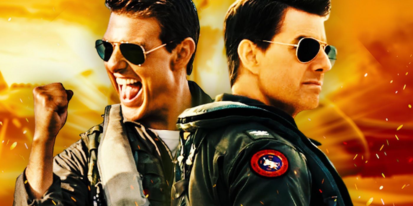 Tom Cruise's Maverick in Top Gun Maverick against an orange background