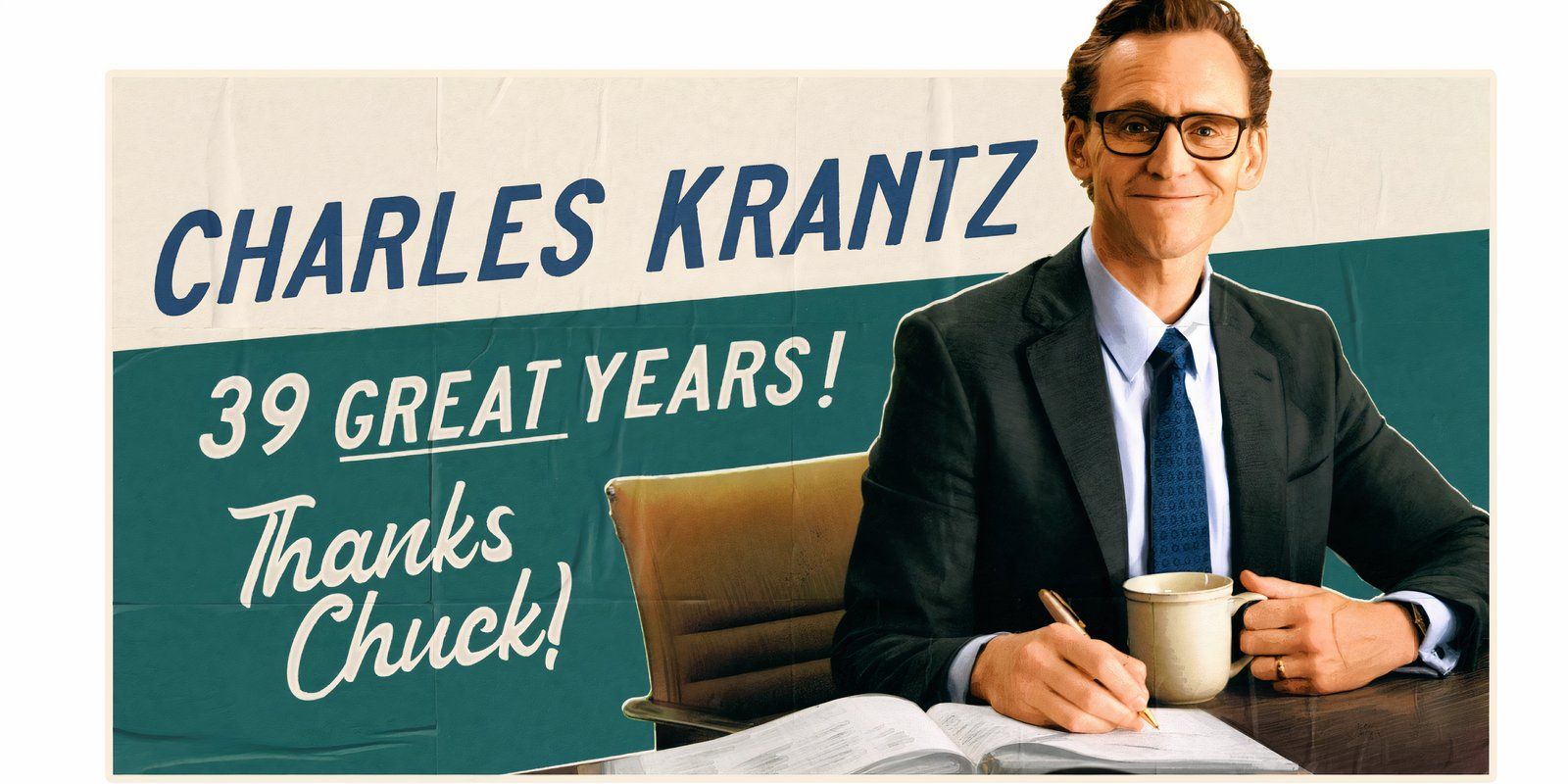 Tom Hiddleston as Charles Krantz in The Life of Chuck poster sitting at his desk and smiling