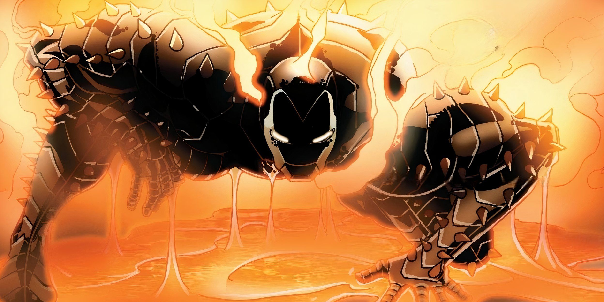 Tony Stark emerges from a pool of molten uru with his new Iron Destroyer Armor.