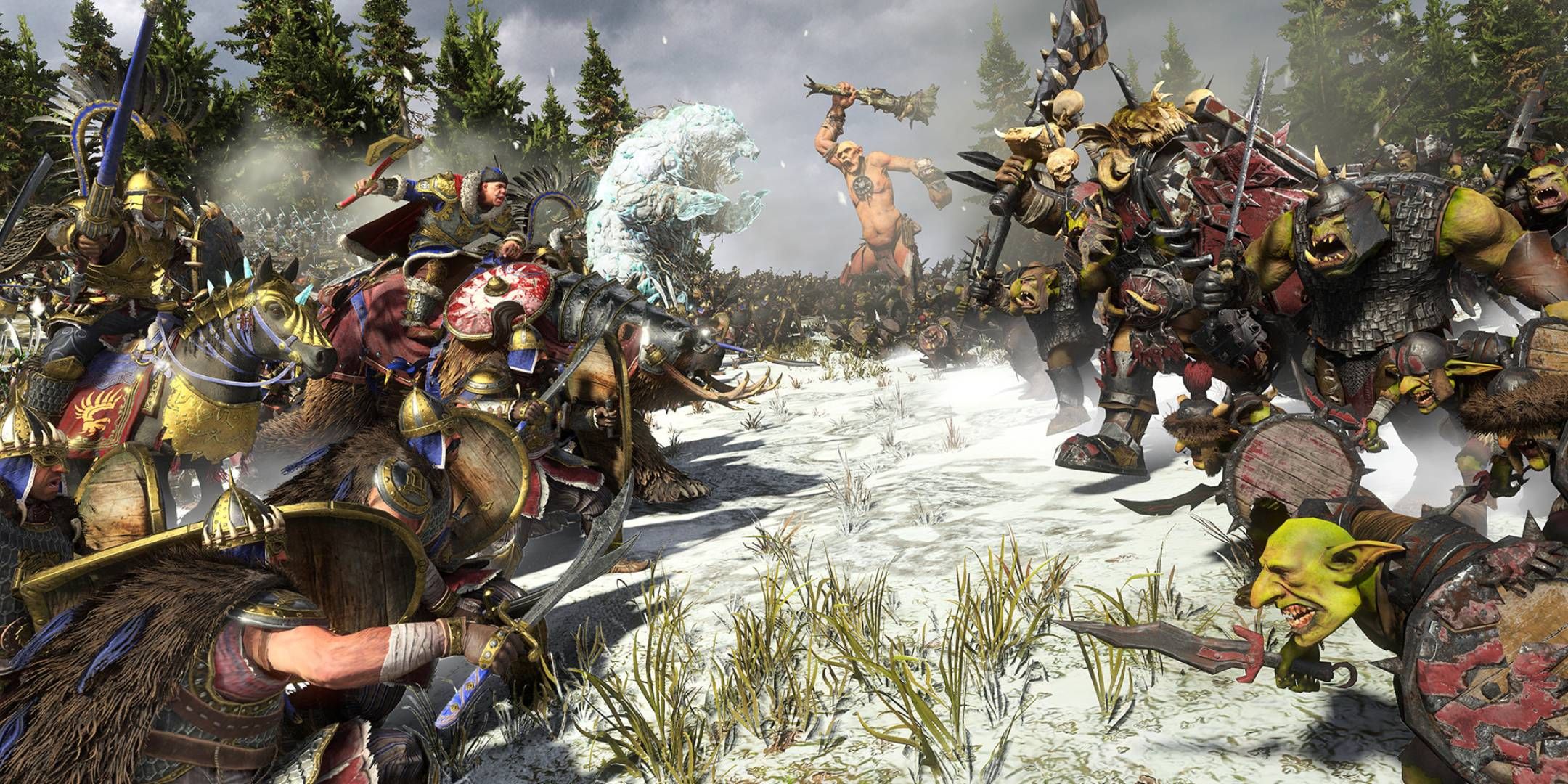 Soldados Kislev lutando contra Orcs em Total War: Warhammer 3.