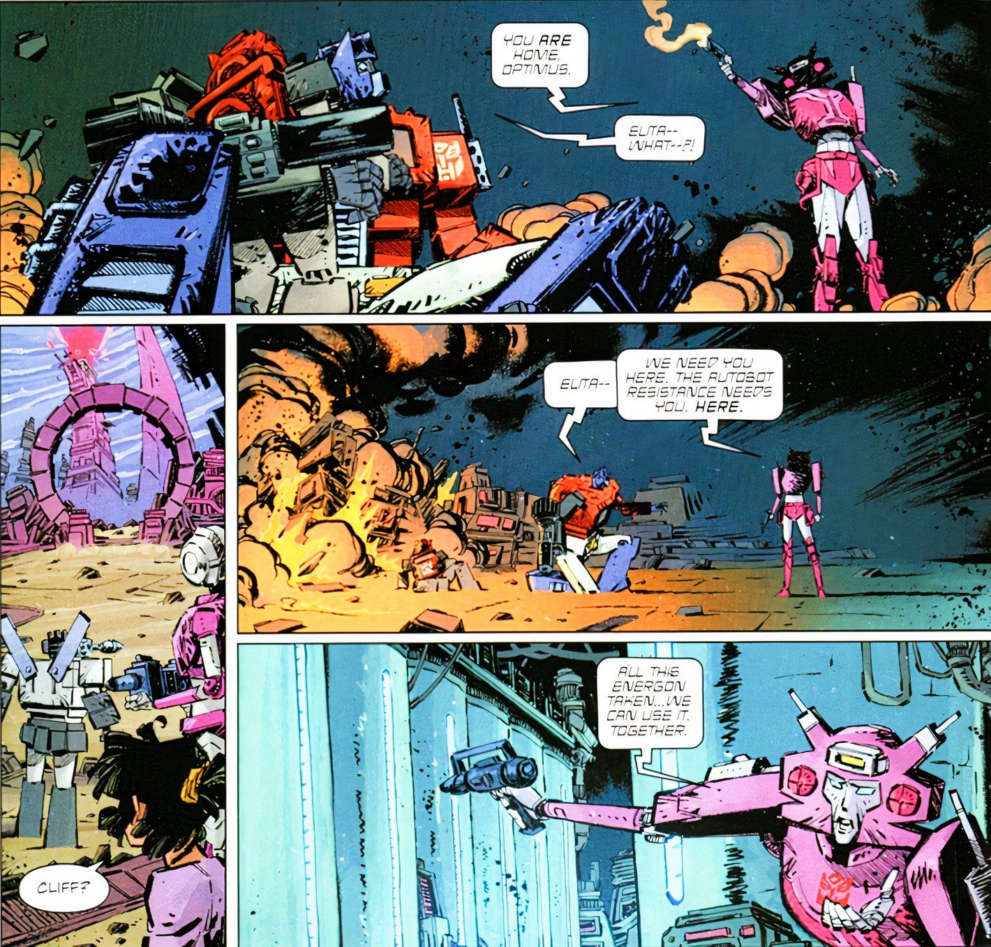 Transformers #12 Elita-One discute con Optimus Prime después de derrotar a Shockwave