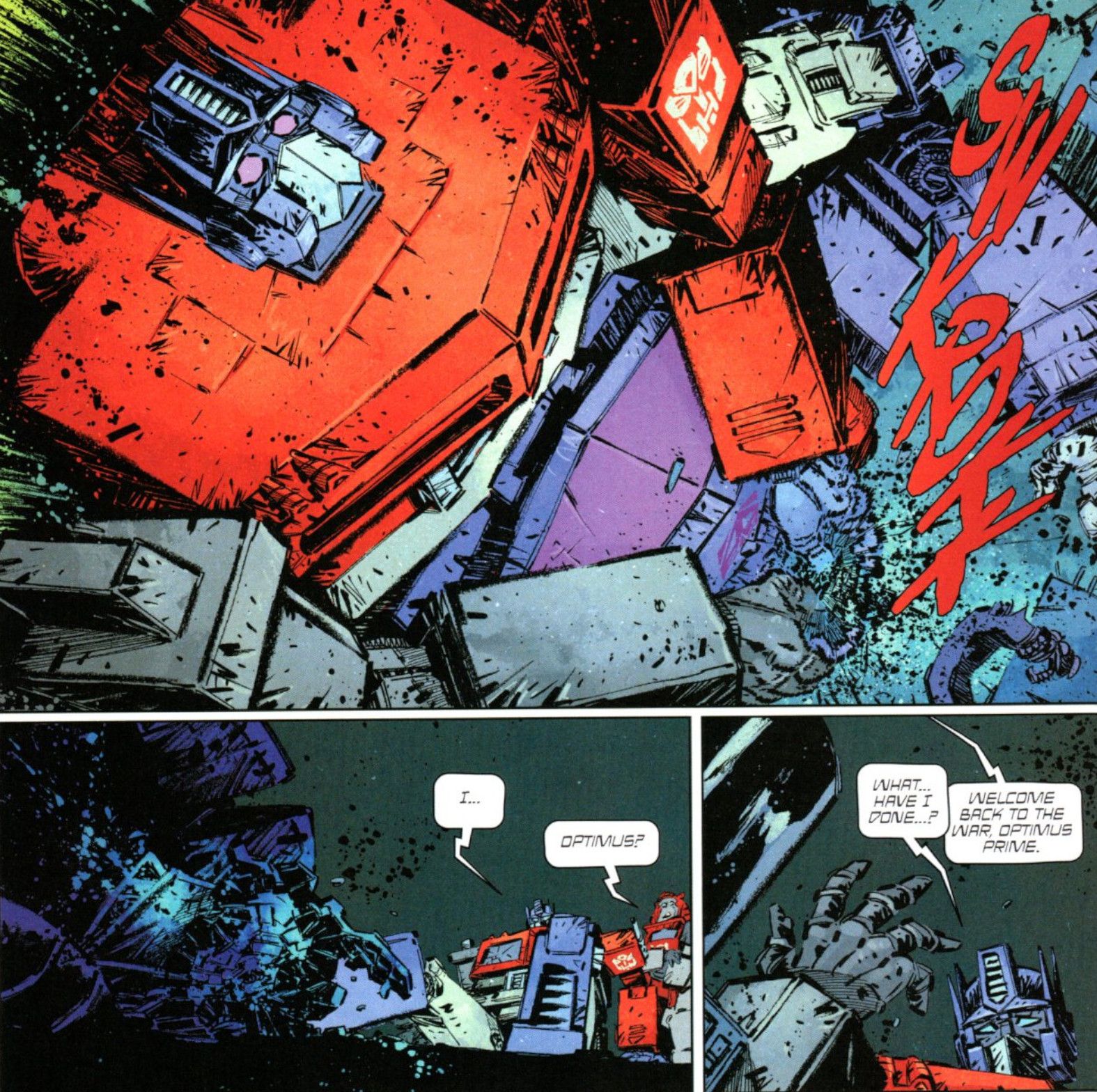 Transformers #12, Optimus Prime aplasta la cabeza de Shockwave