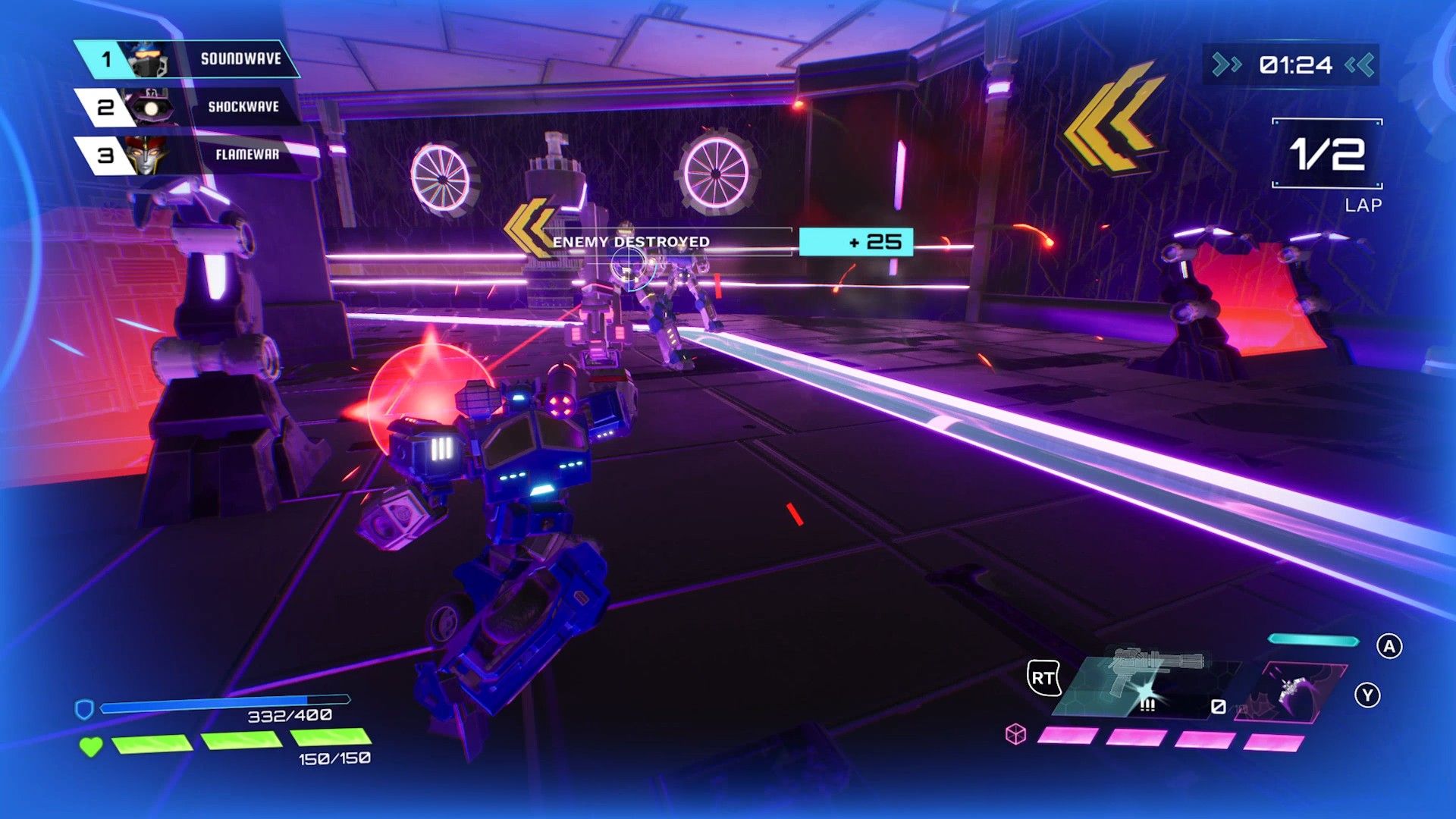 Transformers Galactic Trials combat sequence showing a Transformer aiming a gun at an enemy firing lasers at them, the screen shows the player&rsquo;s vitals and says &ldquo;enemy destroyed.&quot;