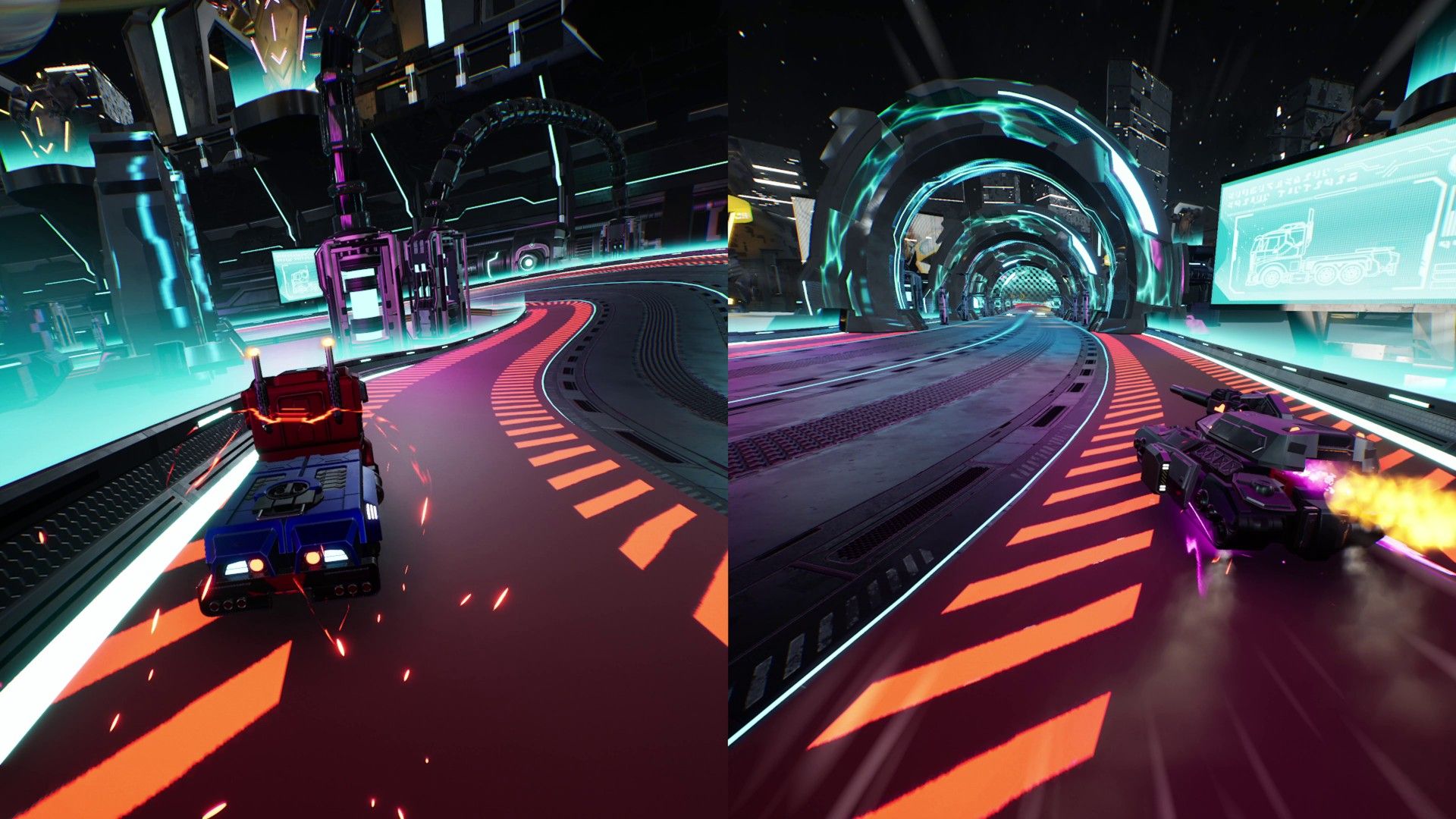 Transformers Galactic Trials Multiplayer screen showing two players racing on a futuristic looking course in a pickup truck-like vehicle and a tank-like vehicle.