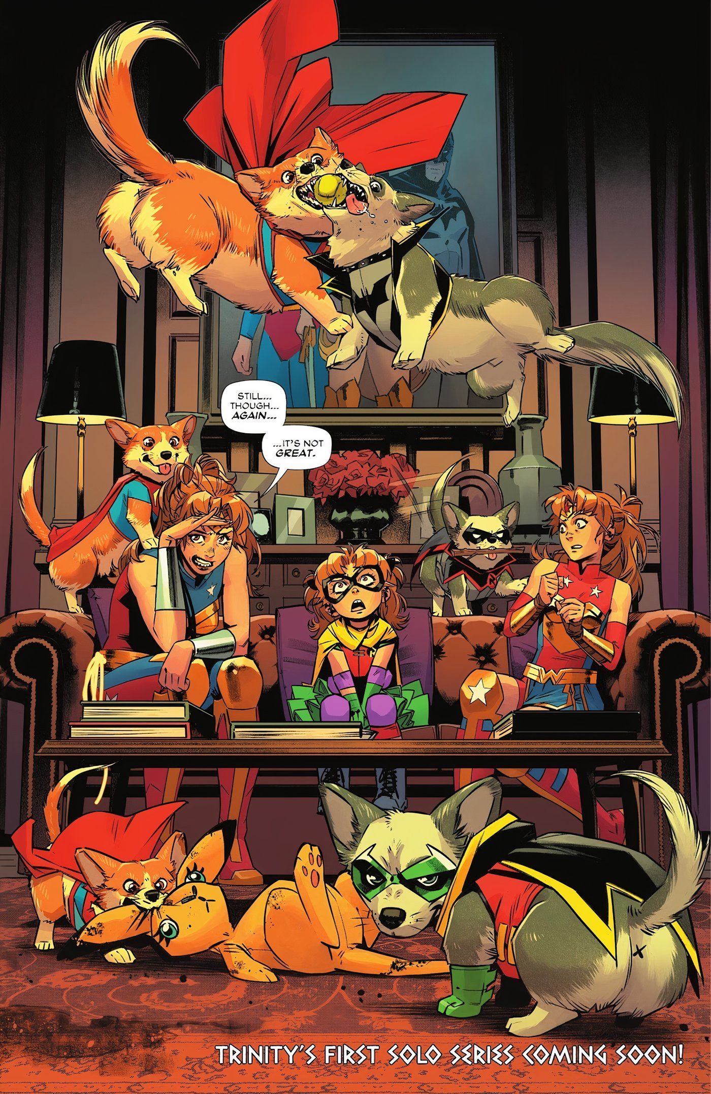 Three variants of Lizzie Prince at different stages of her life look frustrated as they're surrounded by corgi versions of Jon Kent and Damian Wayne