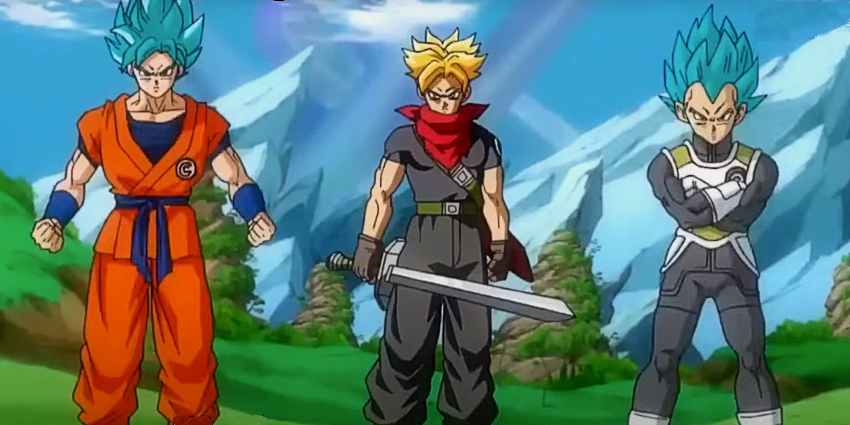 Trunks com Super Saiyan Blue Goku e Vegeta em Super Dragon Ball Heroes