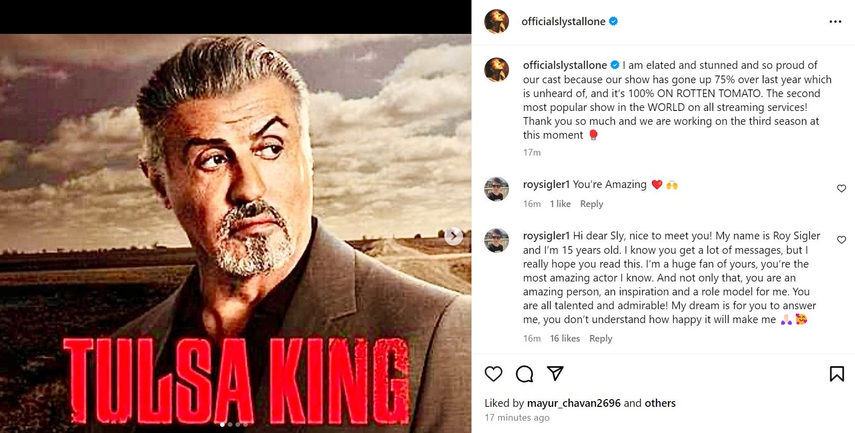 Postagem do Instagram de Tulsa King Stallone