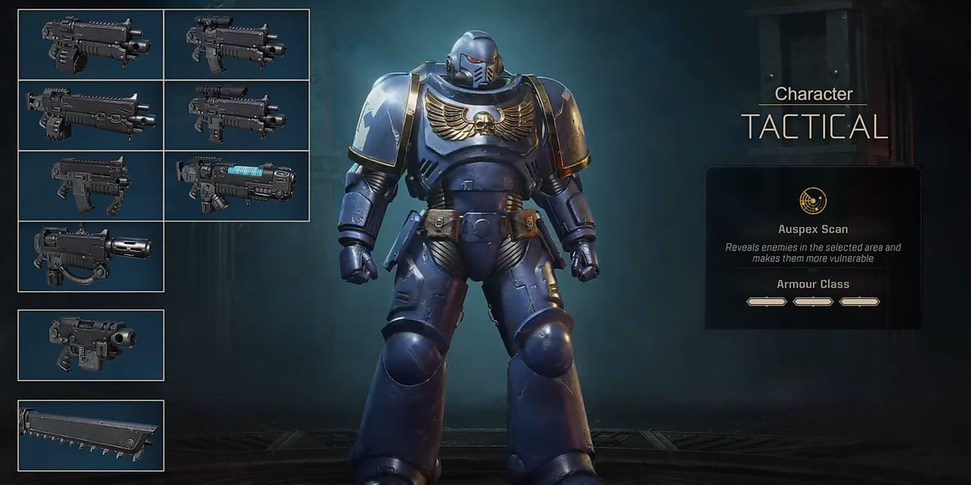 Menu mostrando a Classe Tática Space Marine e suas armas primárias.