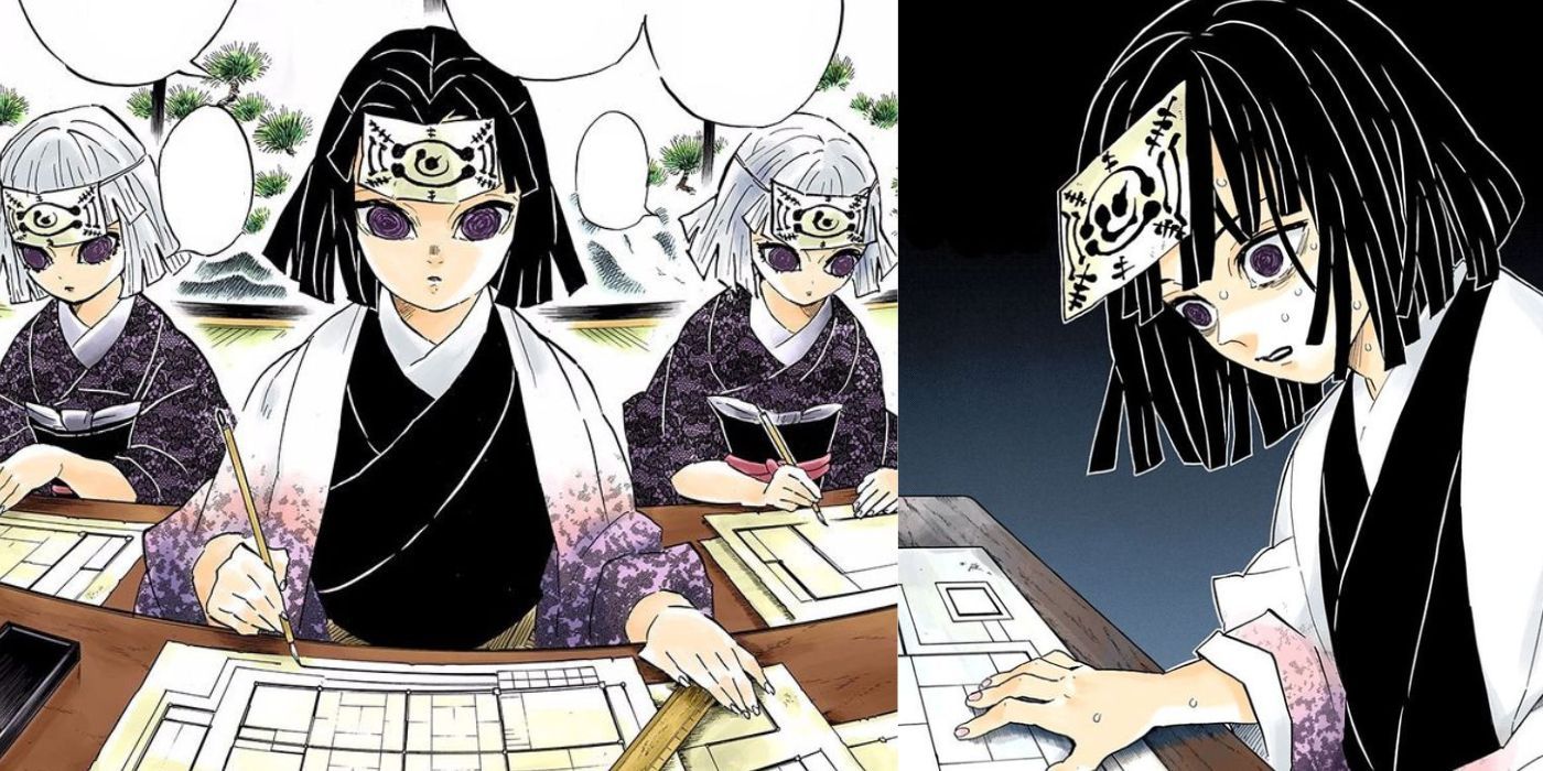 Ubuyashiki siblings drawing out the maps to guide the demon slayers through the Infinity Castle.