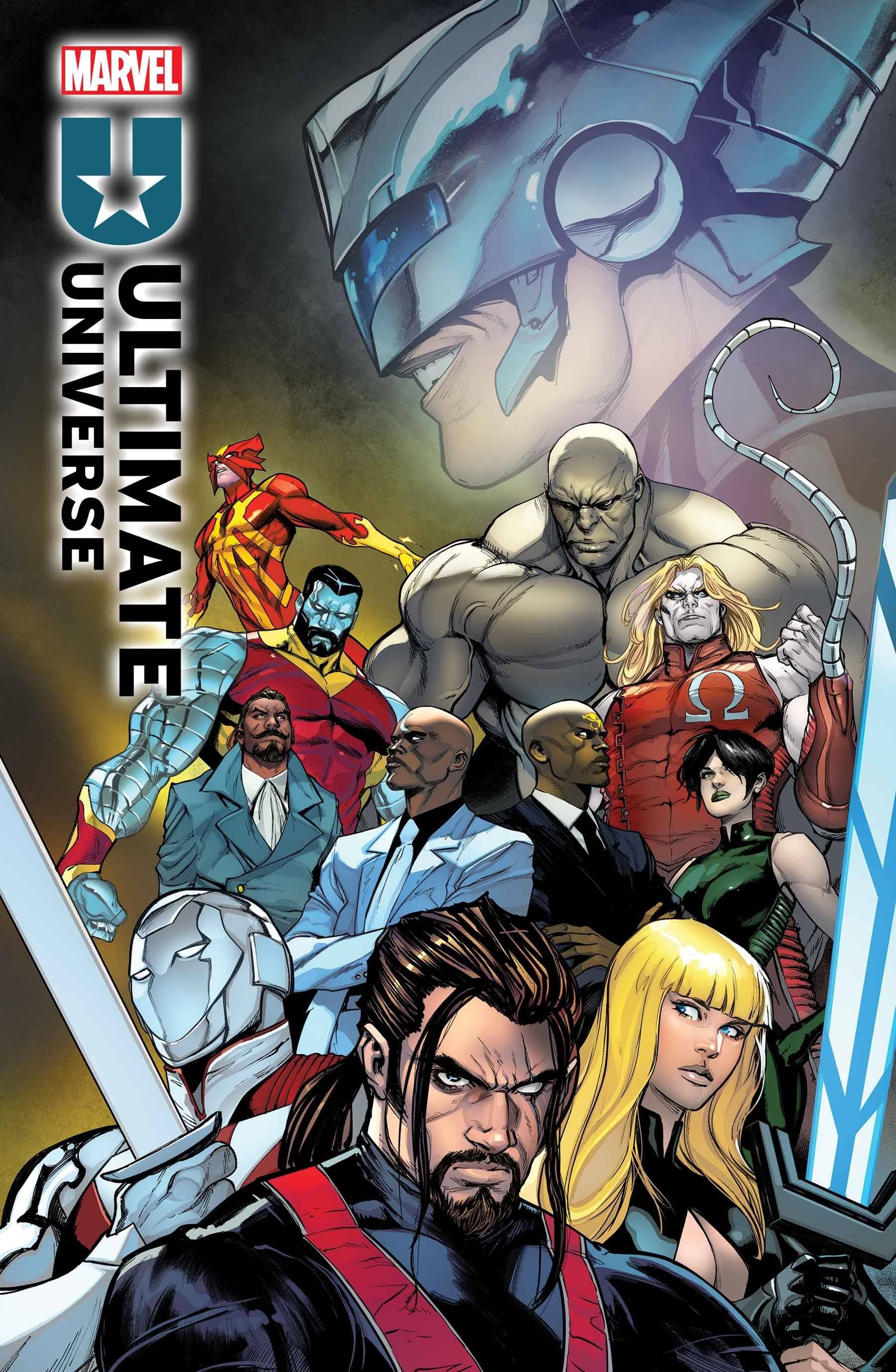 Capa de quadrinhos: uma multidão de personagens da Marvel do Universo Ultimate posam juntos.