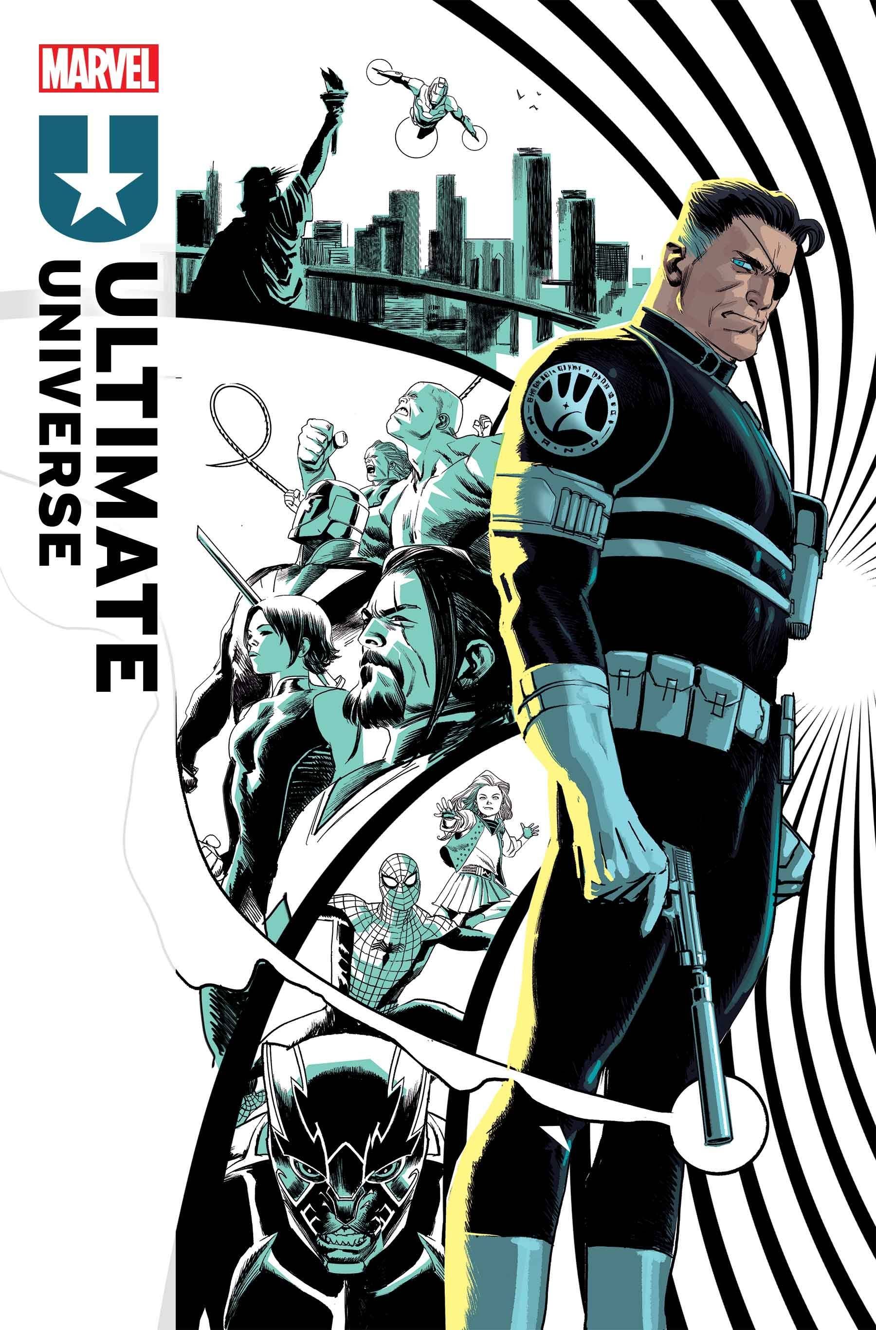 Capa de quadrinhos: a versão Ultimate de Nick Fury fica na frente de uma colagem de outros personagens.