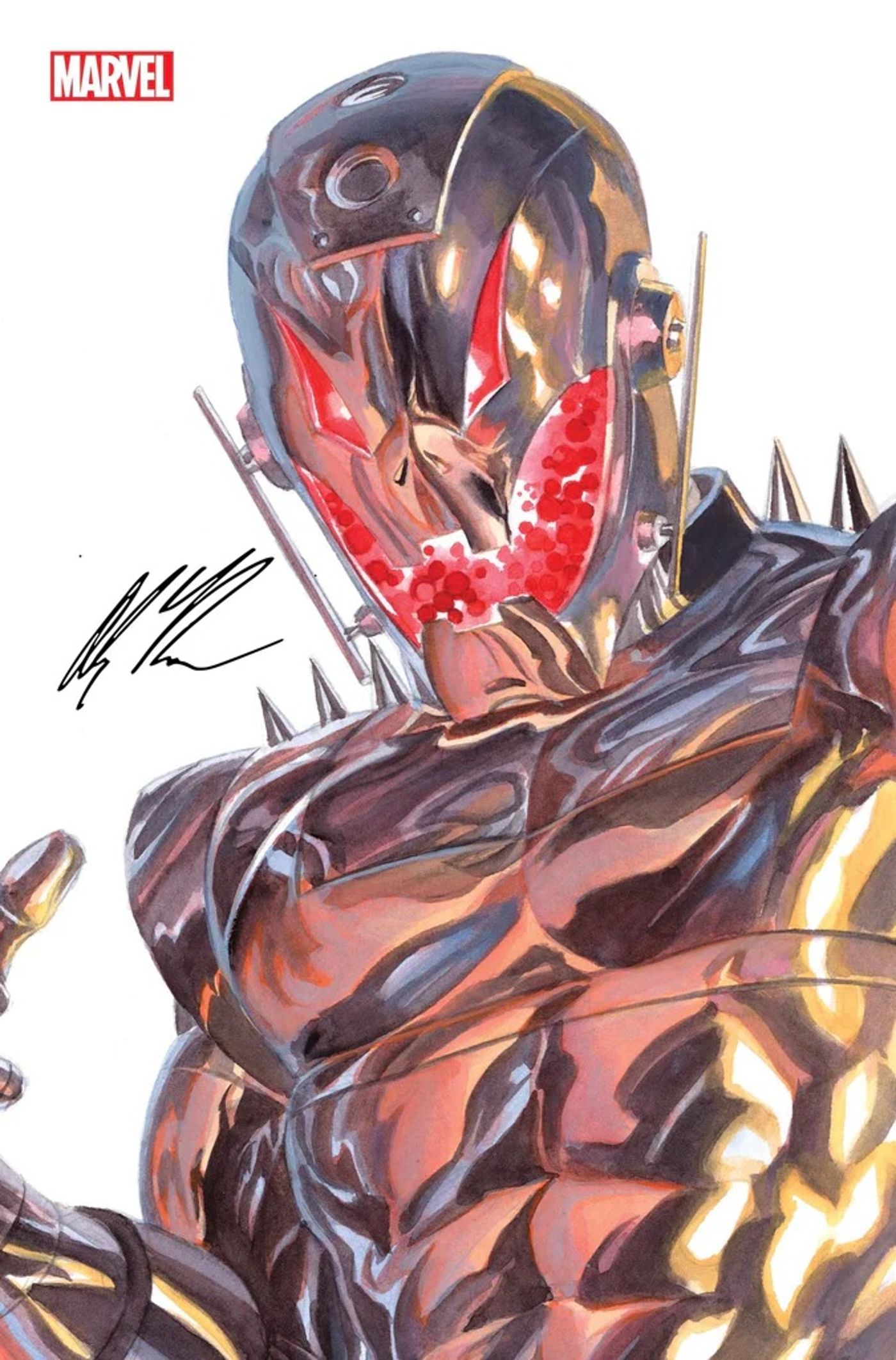 Ultron de Alex Ross, sua forma metálica brilhando enquanto seu rosto irradia energia vermelha e quente.