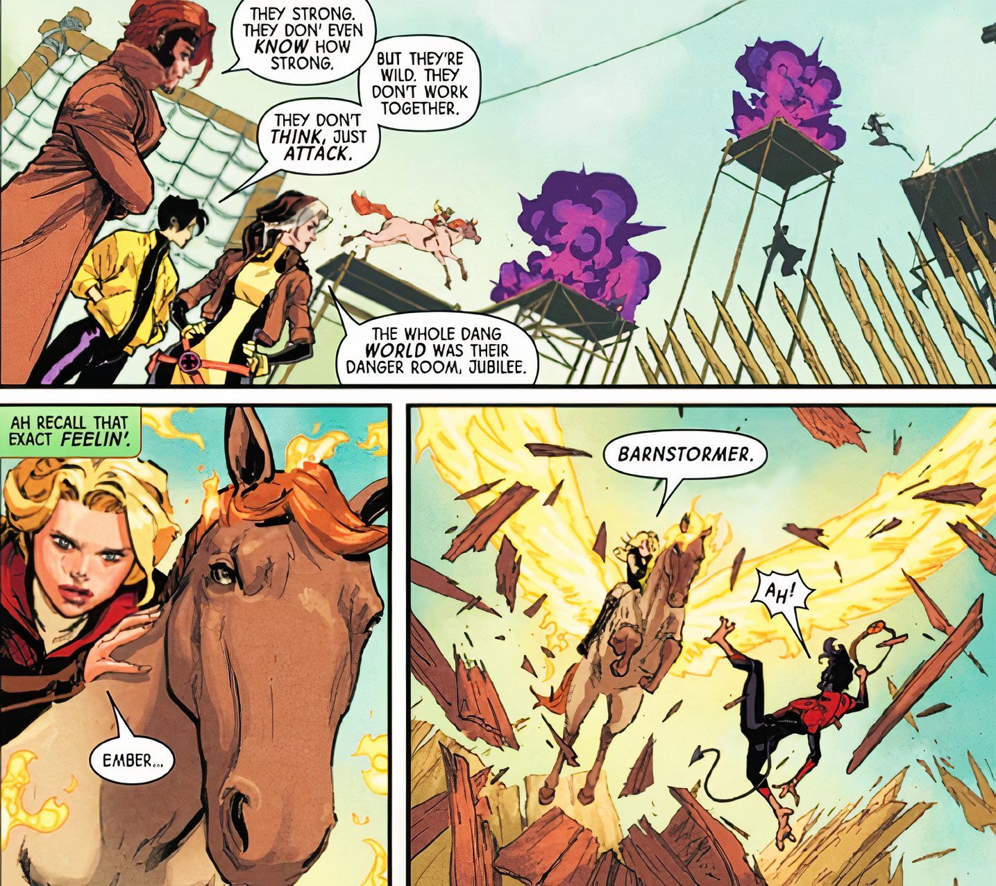 Uncanny X-Men #3, Nightcrawler and Rogue training their new recruits on an improv Danger Room