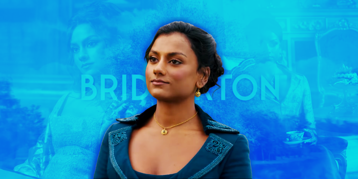 A cutout of Kate Sharma against a blue background with the Bridgerton logo.