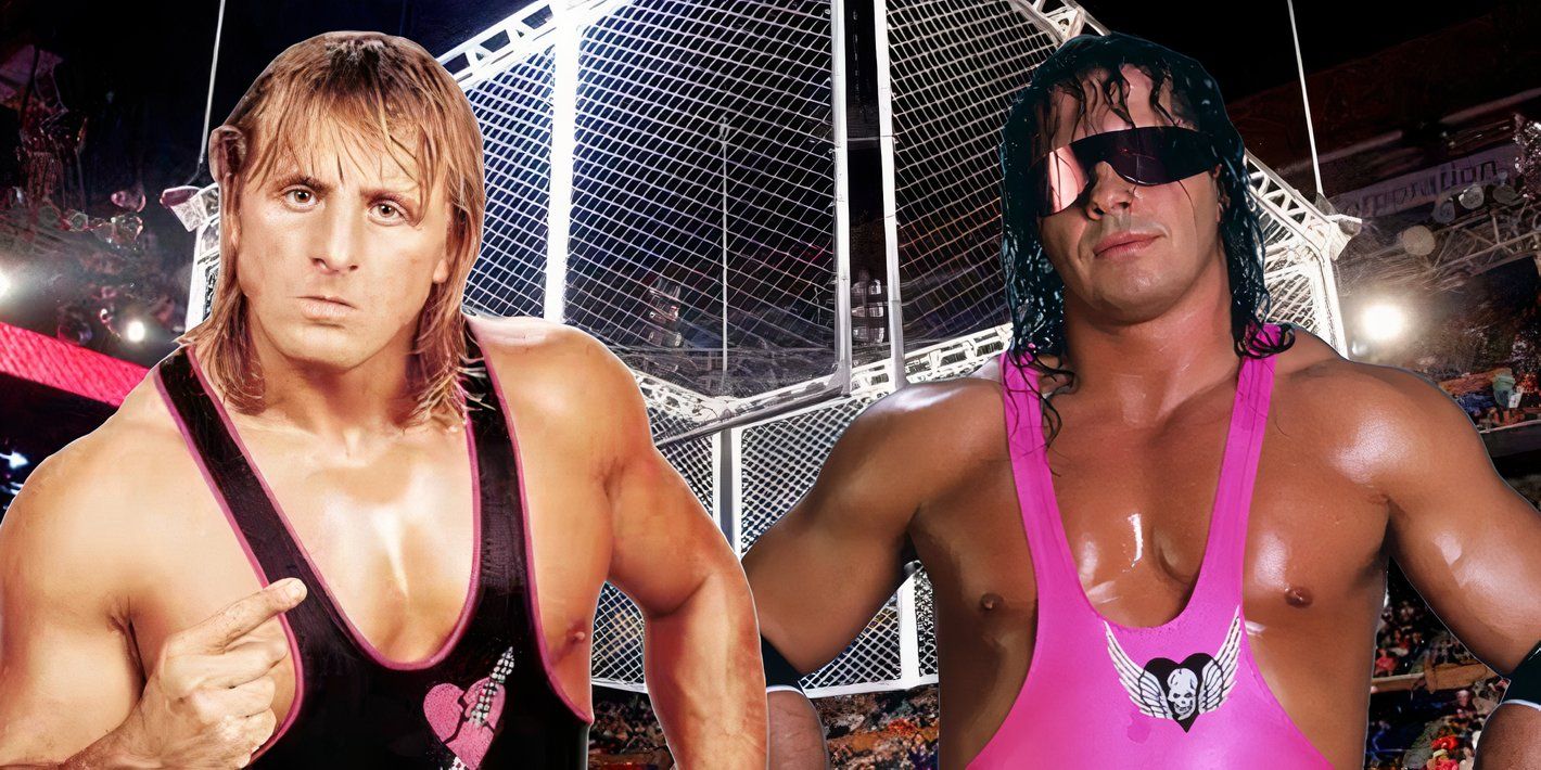Owen Hart (left) and Bret Hart (right) in front of a picture of a steel cage being lowered over the ring.