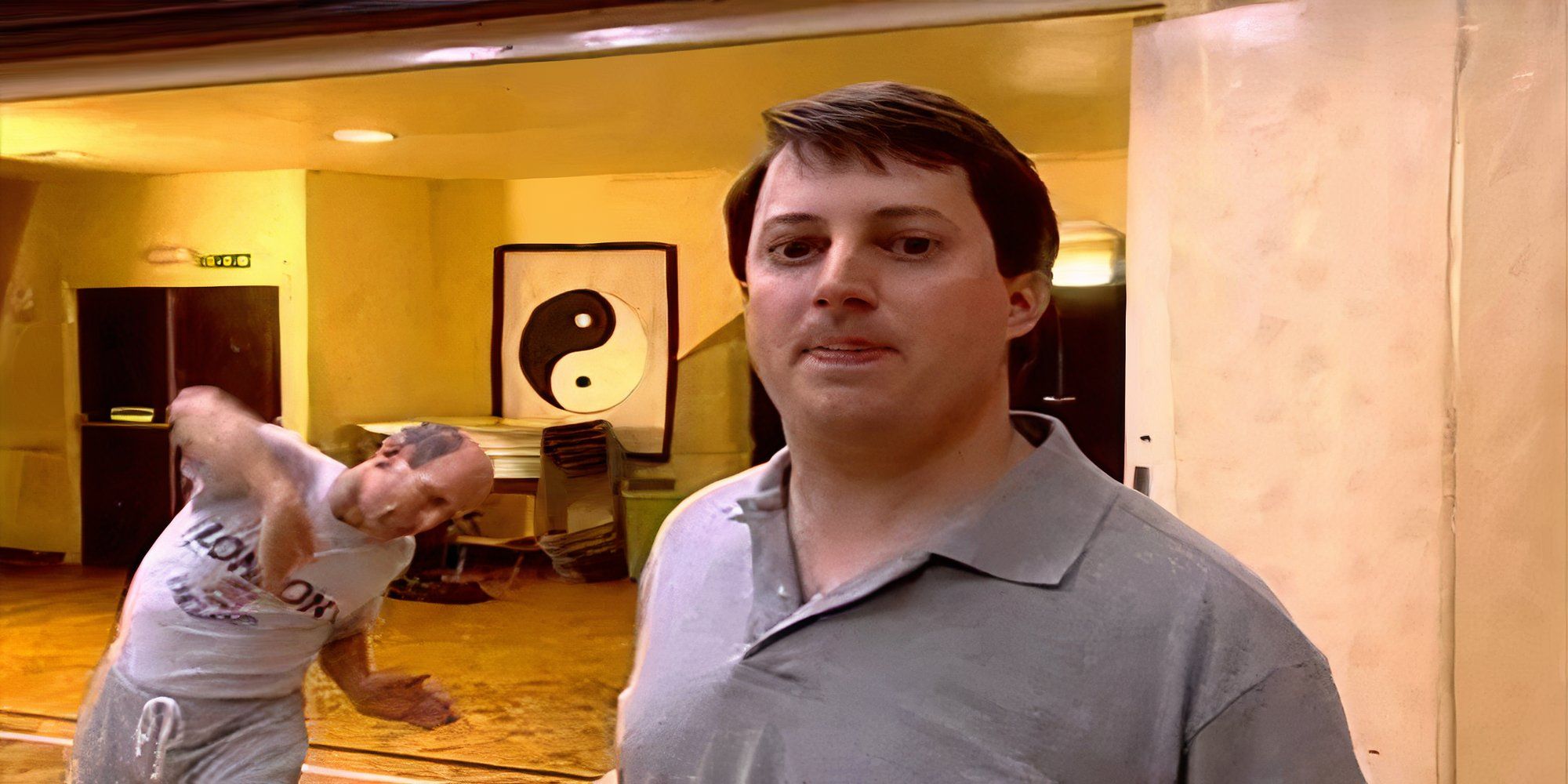 David Mitchell as Mark looking sweaty at Rainbow Rhythms in the Peep Show episode Dance Class.