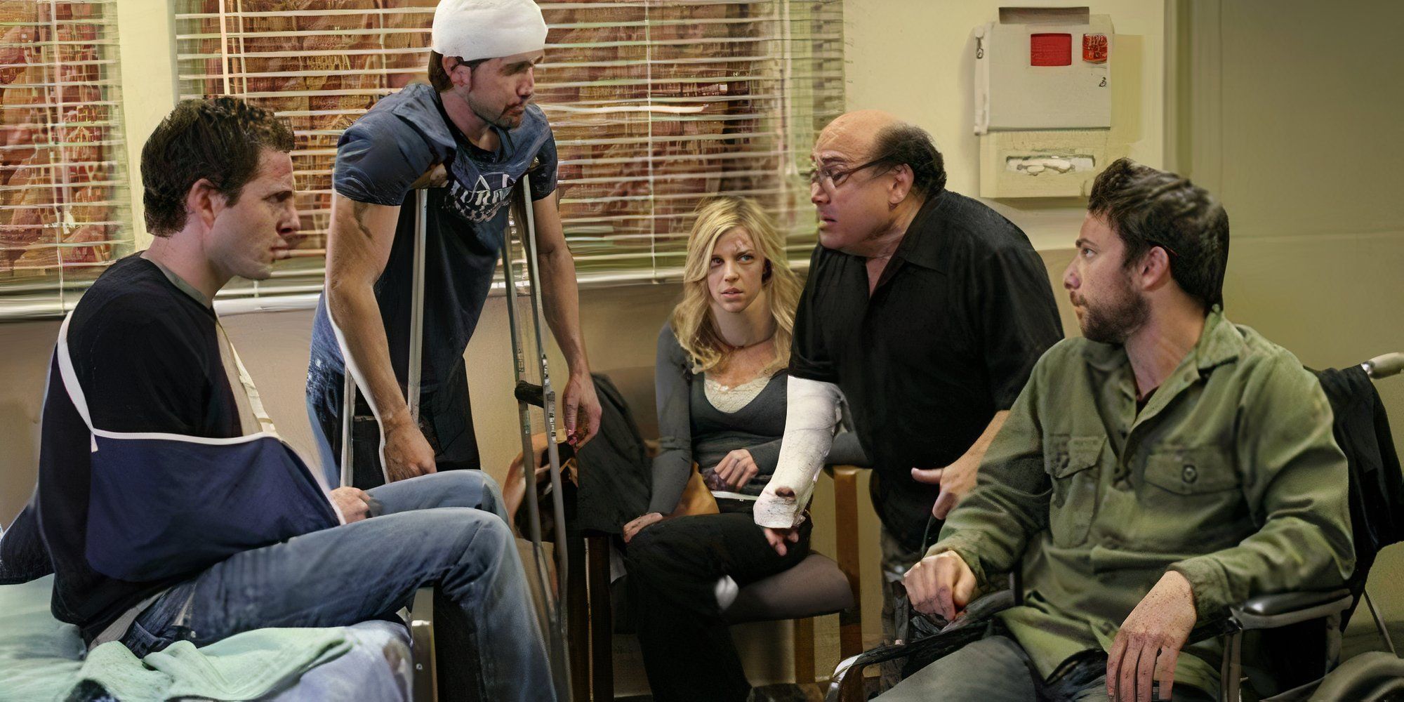 Dennis, Mac, Dee, Frank, and Charlie all injured at the hospital in the It's Always Sunny In Philadelphia episode Charlie Gets Crippled.