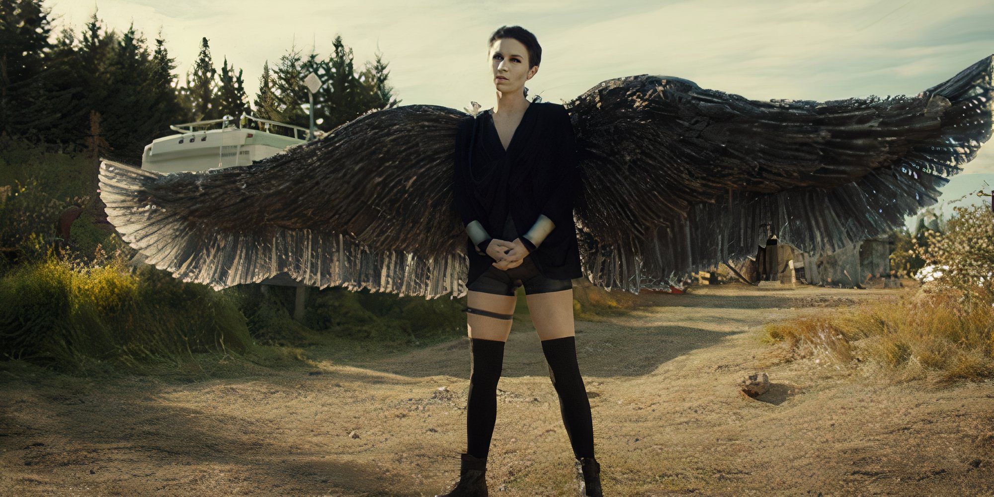 Dominique Provost-Chalkley as Waverly stood in a woodland with her angel wings in Wynonna Earp.