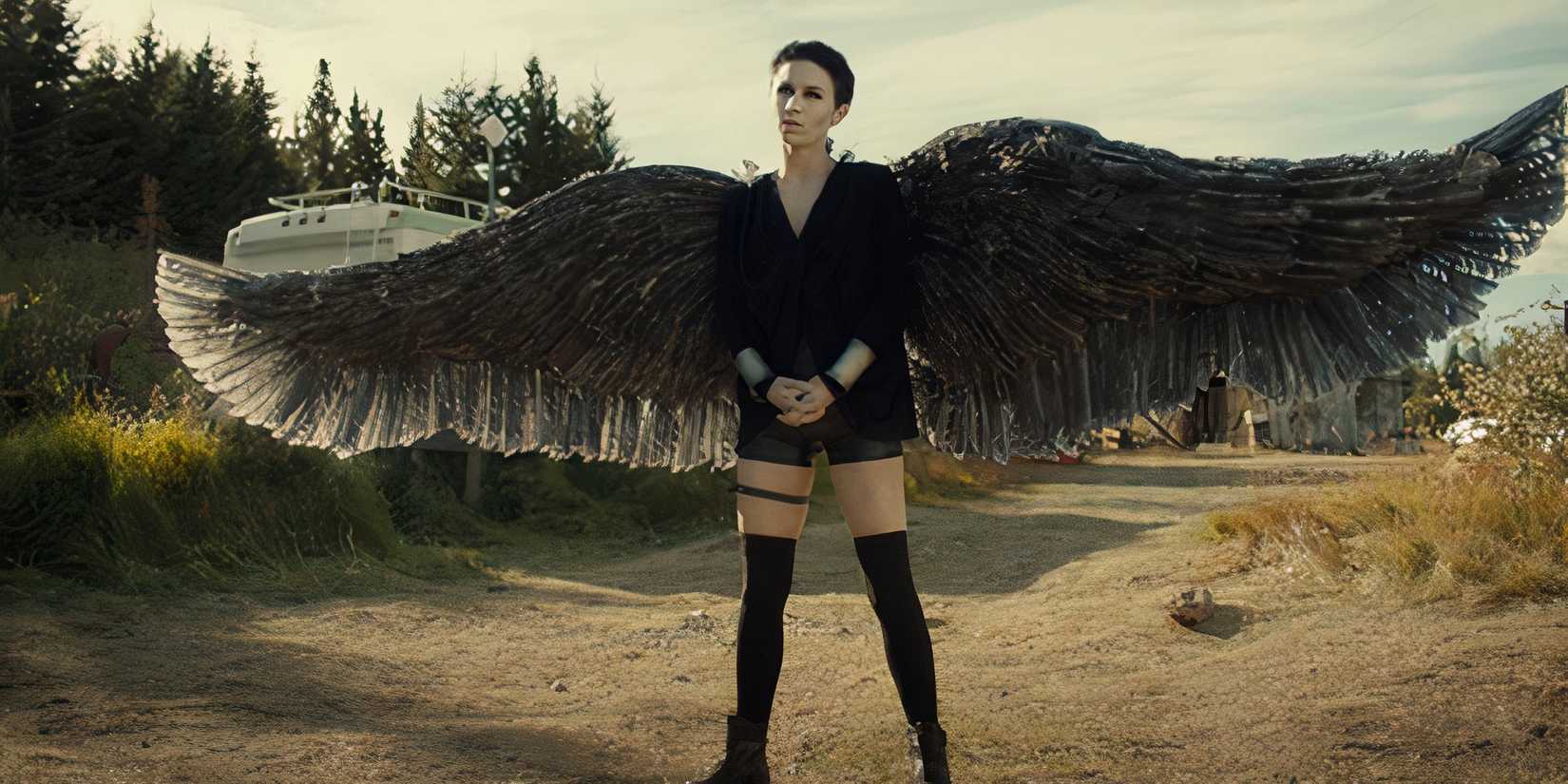 Dominique Provost-Chalkley as Waverly stood in a wood with his angel wings at Wynonna Earp.
