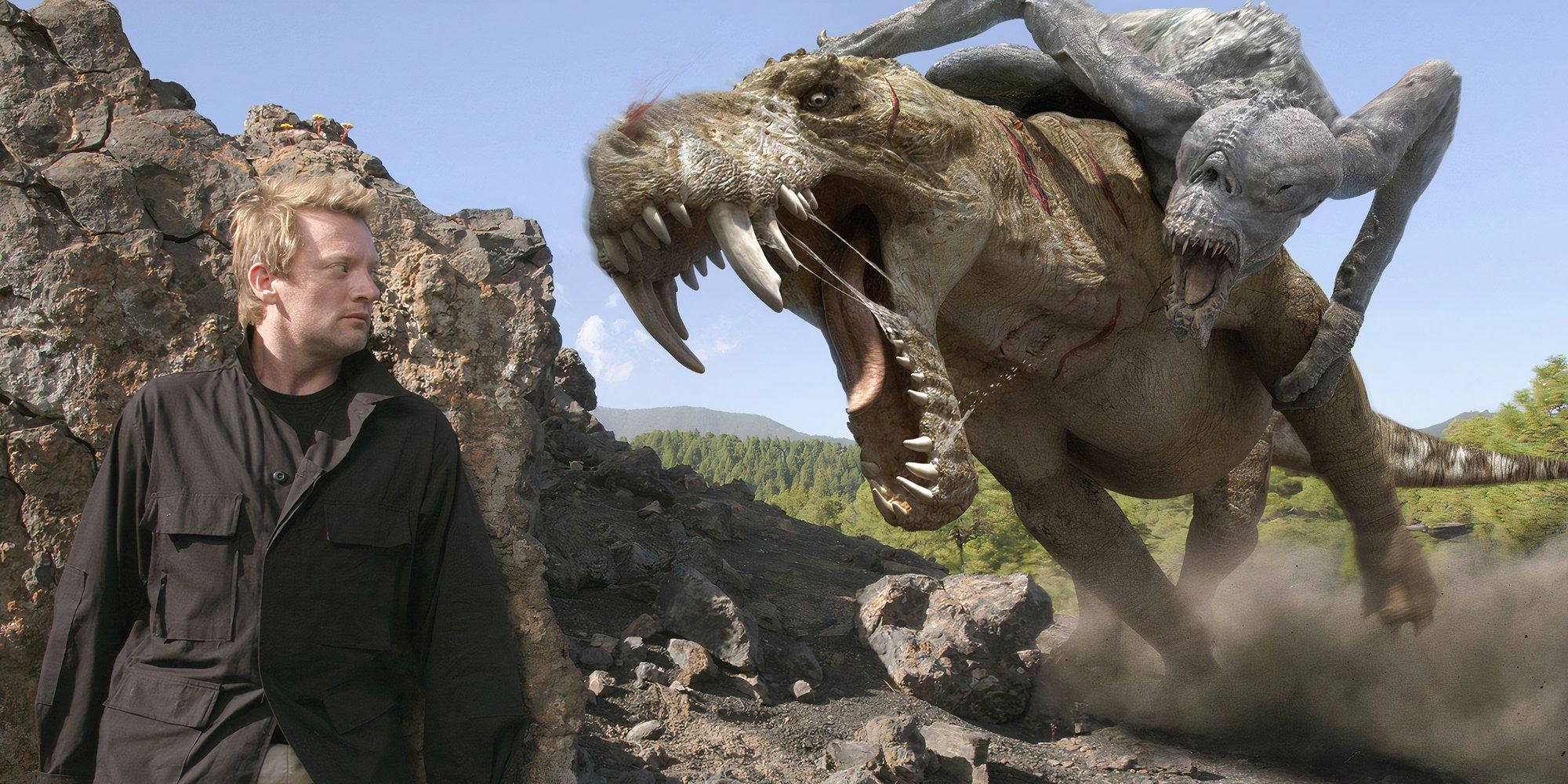 Douglas Henshall as Nick Cutter hiding behind a rock as a dinosaur and a creature fighting in Primeval.