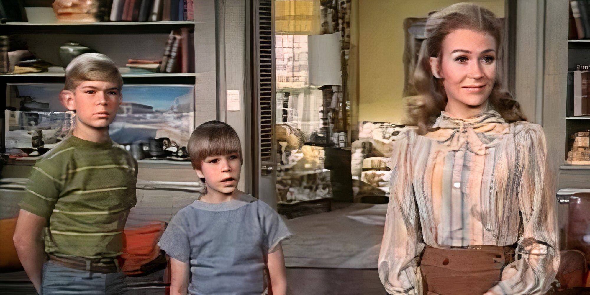 Juliet Mills as Nanny stood with two of the Everett boys in Nanny and the Professor.