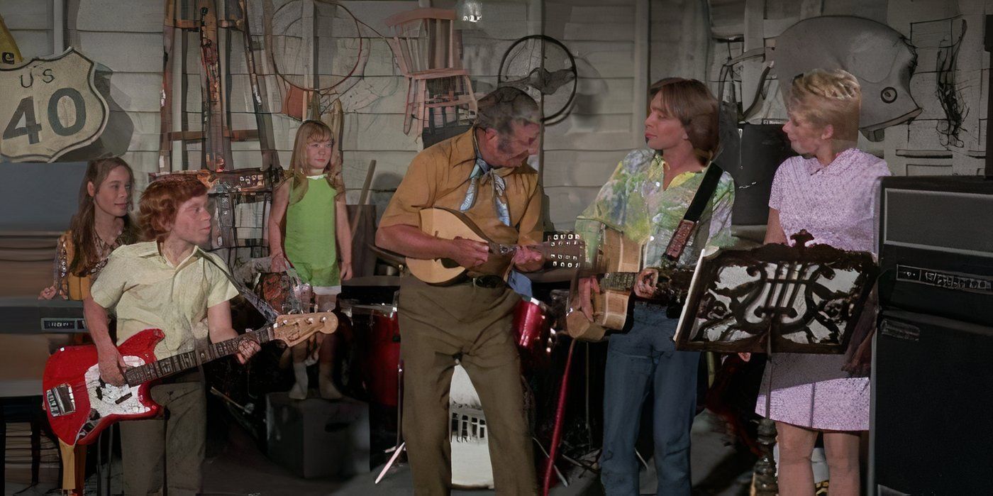 The Partridges practicing a performance in their garage in The Partridge Family.