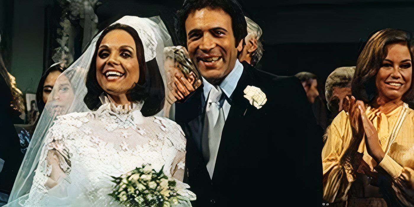 Mary Tyler Moore as Mary posing with Valerie Harper as Rhoda and David Groh as Joe on their wedding day in Rhoda.