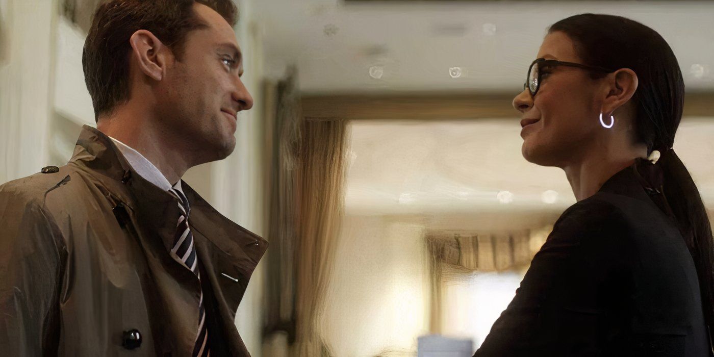 Catherine Zeta-Jones as Dr. Victoria Siebert and Jude Law as Dr. Jonathan Banks smiling at one another suspiciously in Side Effects.