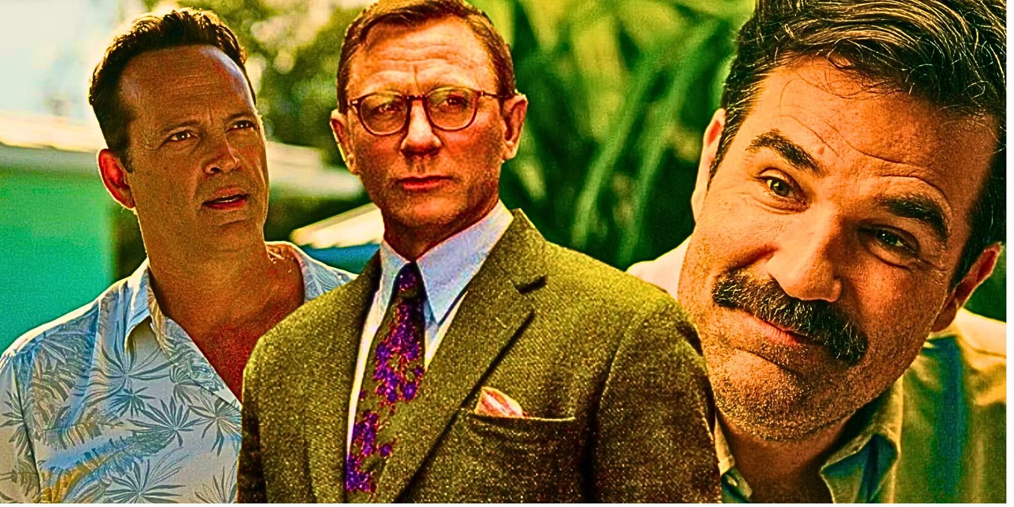 Custom image of Daniel Craig as Benoit Blanc against a backdrop of Vince Vaugh as Andrew Yancy in Bad Monkey and Rob Delaney smiling as Nick in Bad Monkey