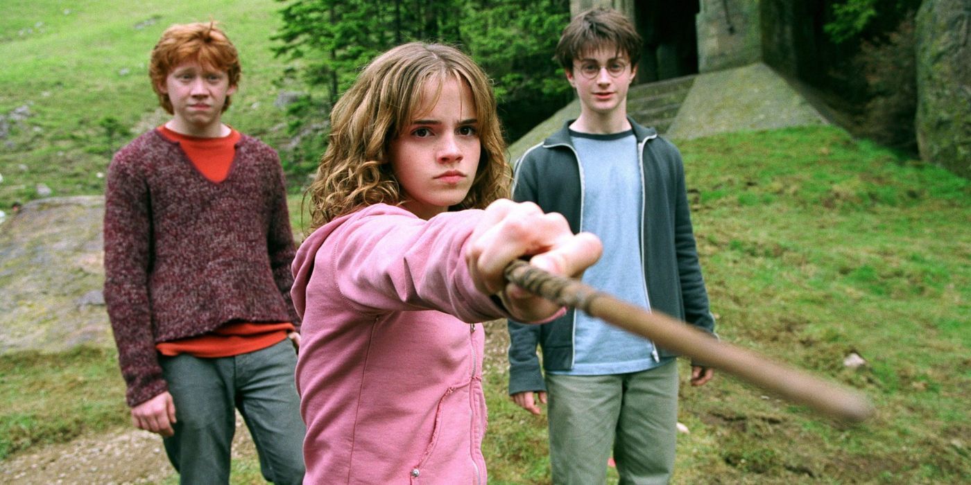 Hermione pointing her wand at an unknown character with Ron and Harry standing behind her