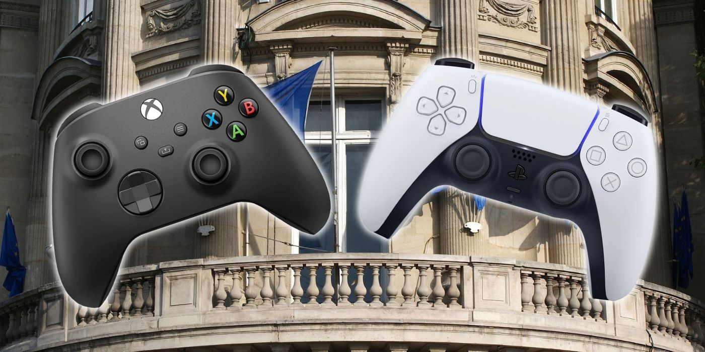An Xbox Controller and the DualSense over a European building