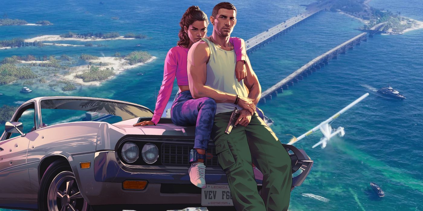 Dos personajes de GTA 6 se apoyan en el capó de un coche con el océano a sus espaldas.