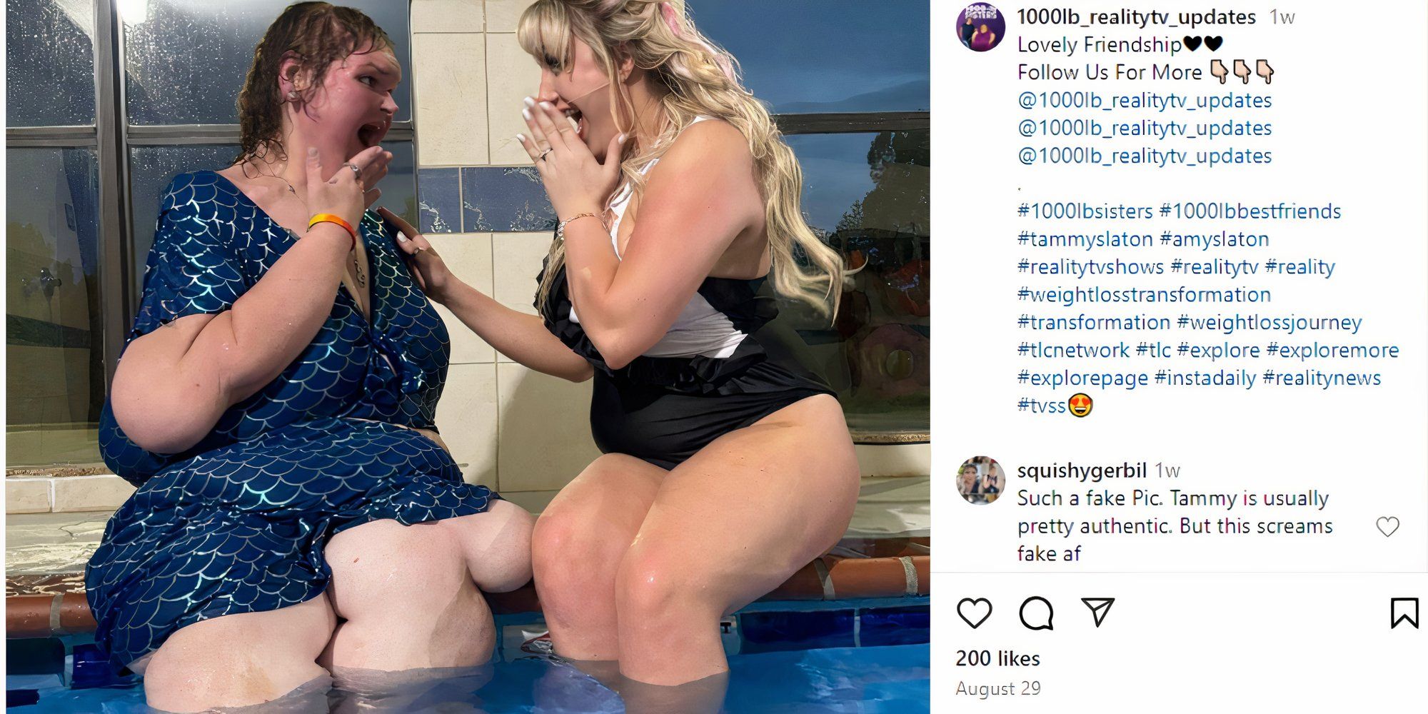 1000-lb Sisters - Tammy Slaton and Haley Michelle in bathing suits playfully putting their hands up to their mouths in shock