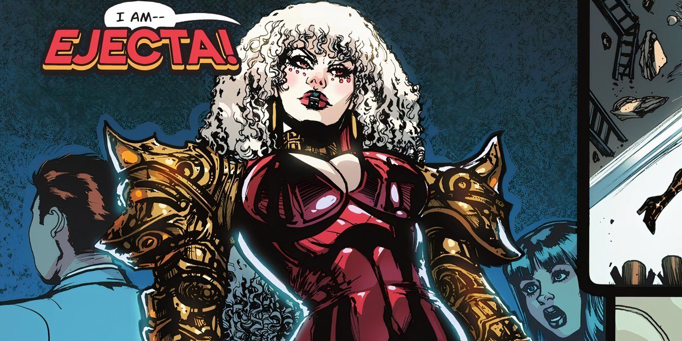  Ejecta announces herself while wearing red and gold armor.