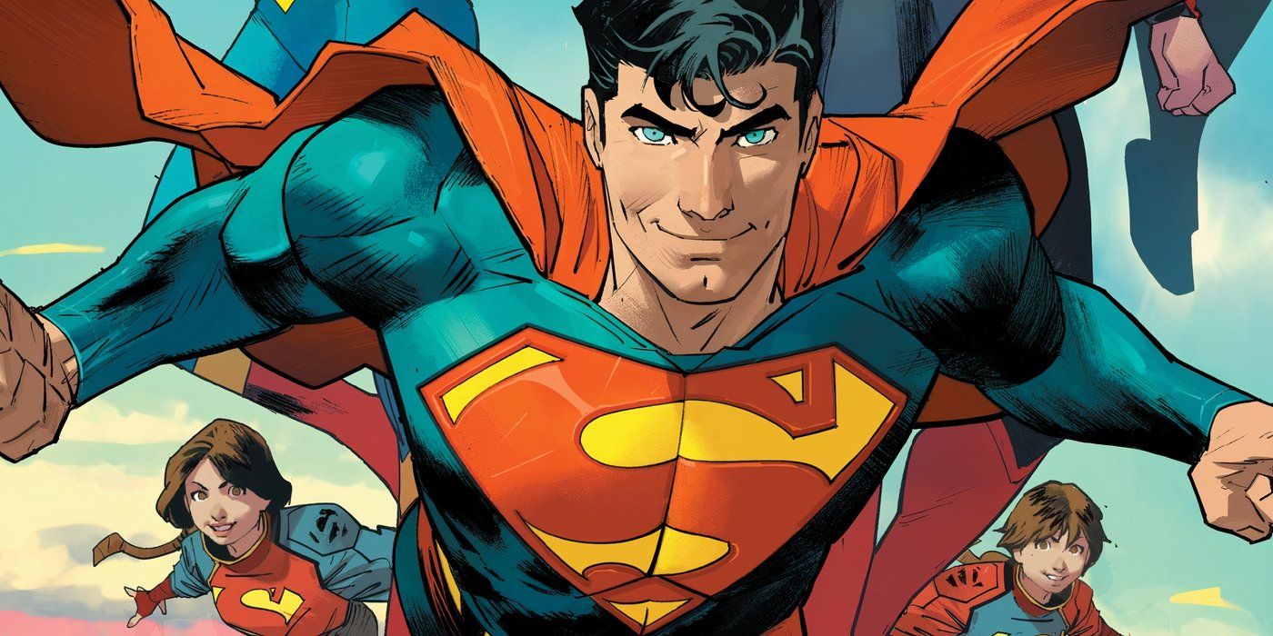 Comic book art: Superman flying with two younger Superman family characters behind him.