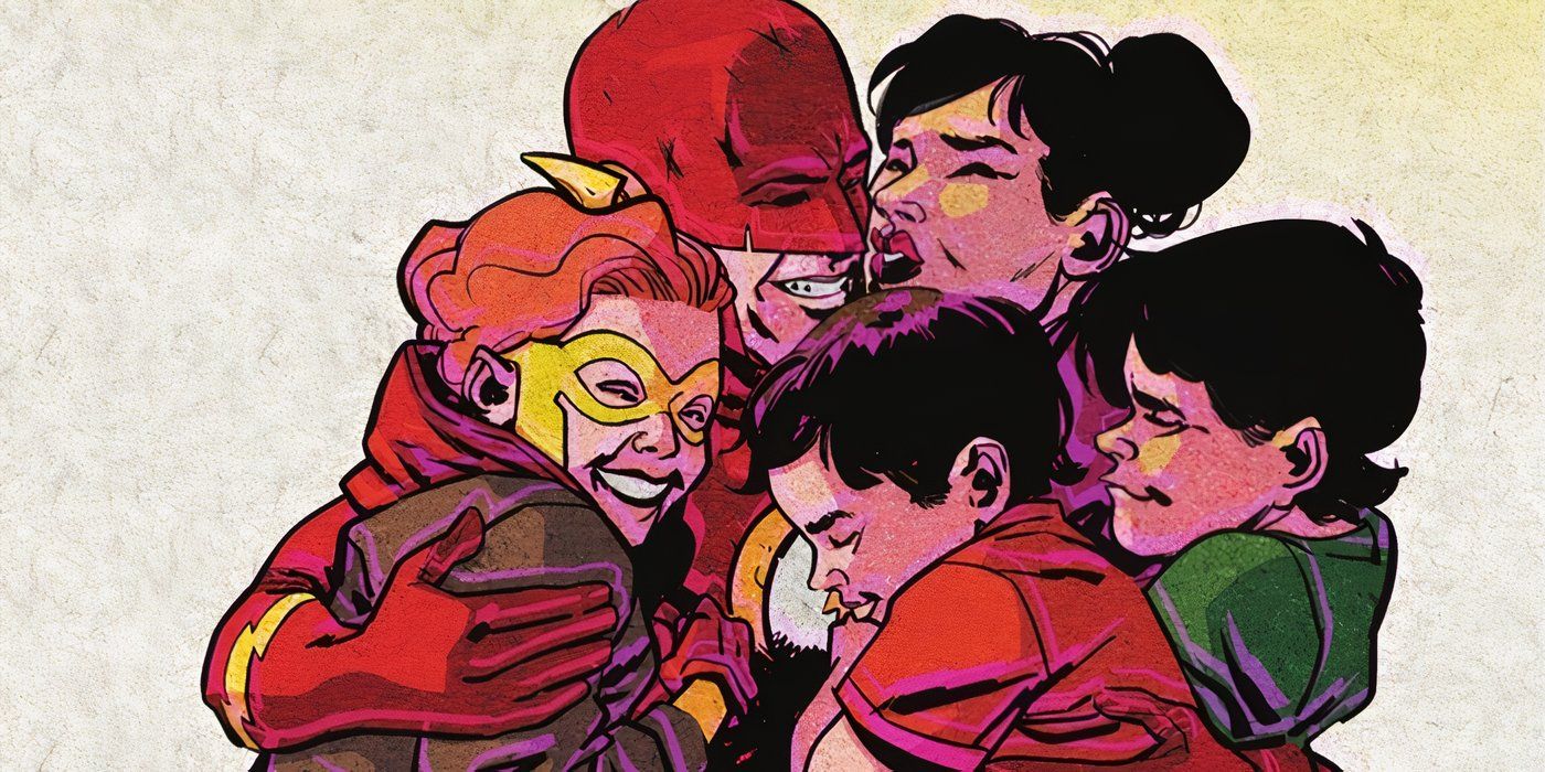 Comic book art: Flash Wally West embraces his entire family, including Linda, Irey, Jai, and Wade.