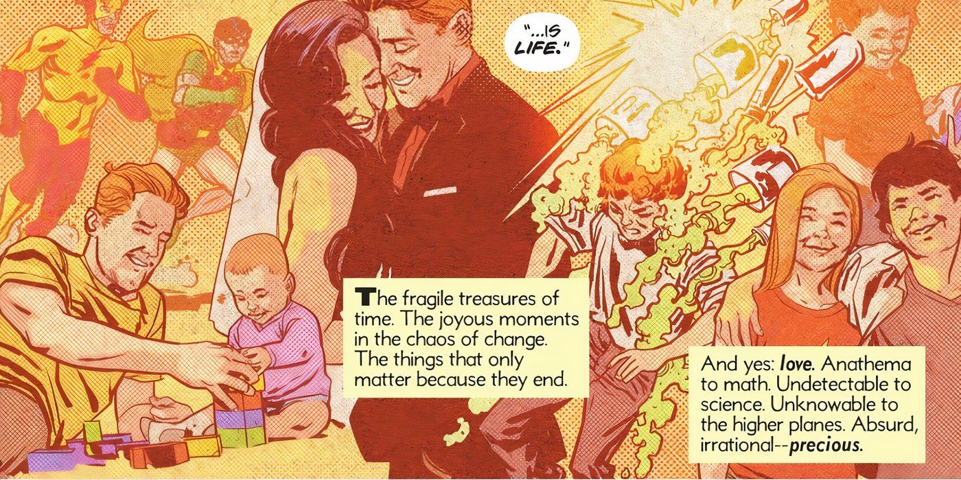 Painel de quadrinhos: um painel da vida de Flash Wally West, desde sua infância até sua vida como pai.