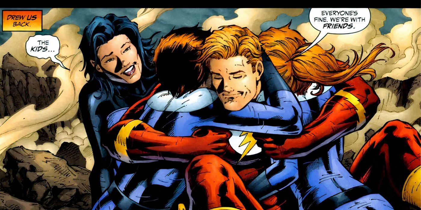 Painel de quadrinhos: Wally West abraça seus filhos enquanto sua esposa observa.