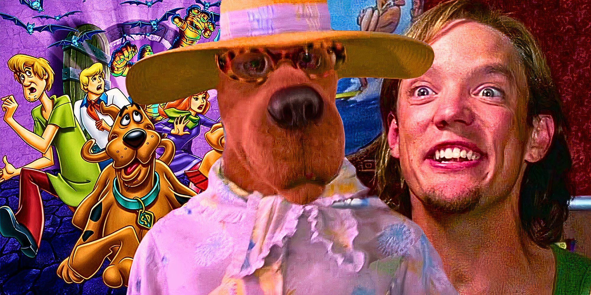 Imagen personalizada de Scooby Doo como una anciana detrás de un cartel de dibujos animados con Matthew Lillard sonriendo como Shaggy