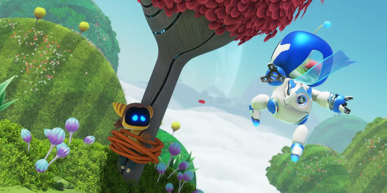 Astro Bot about to rescue a Bot from a tree