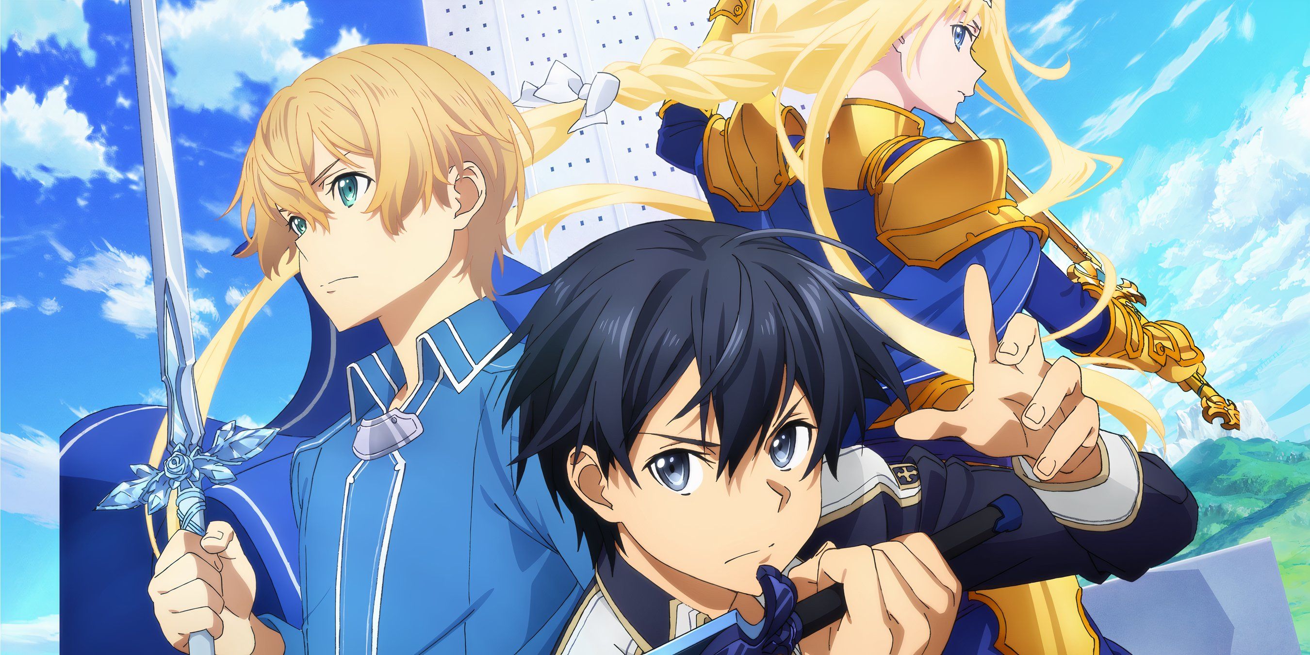 Eugeo, Kirito e Alice segurando suas espadas. Eugeo está voltado para a esquerda, segurando sua espada para cima, Kirito está na frente, segurando sua espada na horizontal como se estivesse pronta para atacar, e Alice está de costas, vestindo sua armadura e olhando por cima do ombro enquanto segura sua espada.