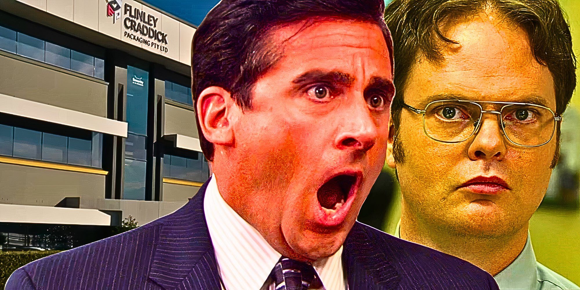 Foto personalizada de Steve Carell como Michael Scott en The Office grita mientras Dwight Schrute parece en blanco por parte de Rainn Wilson.