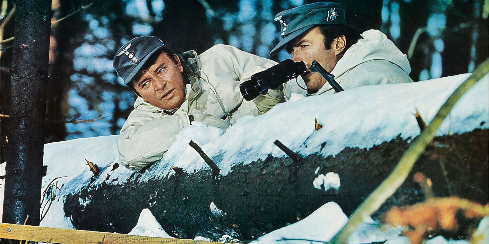 Burton and Eastwood as snow soldiers where Eagles Dare