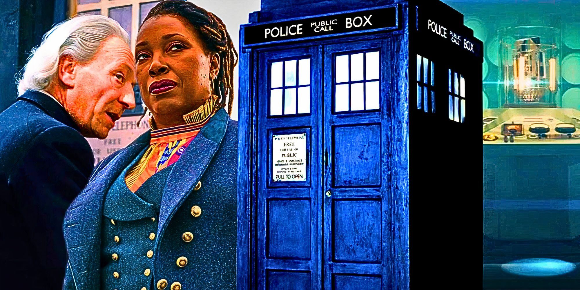 Custom image of William Hartnell's First Doctor, Jo Martin's Fugitive Doctor, and the TARDIS in Doctor Who