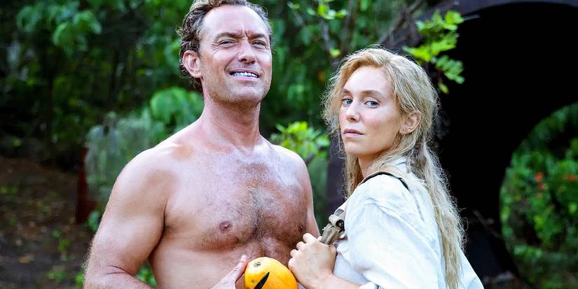 Shirtless Jude Law Carving Fruit Next to Vanessa Kirby in Eden 