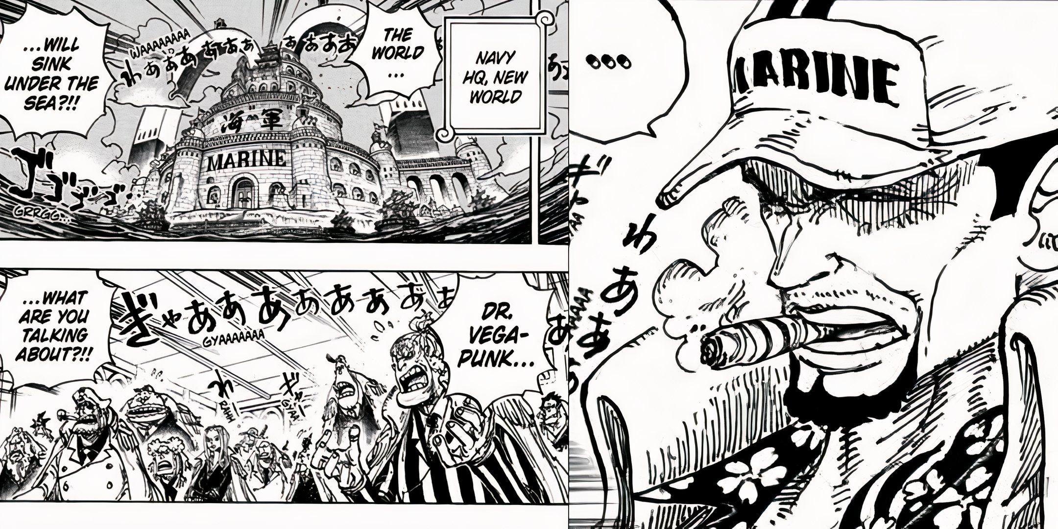 Cameo-Auftritt von Vegapunk und Hina während Vegapunks Botschaft in One Piece