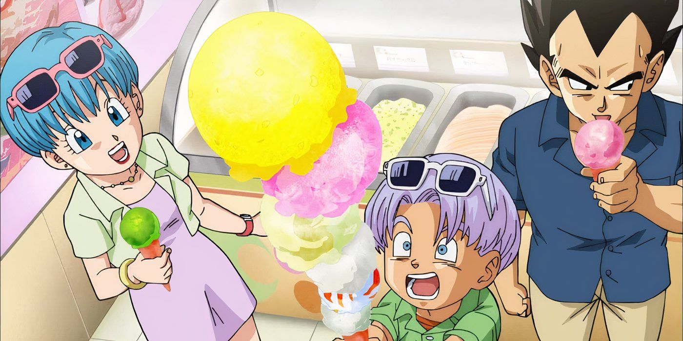 Vegeta, Trunks, Bulma are eating ice cream at the amusement park.