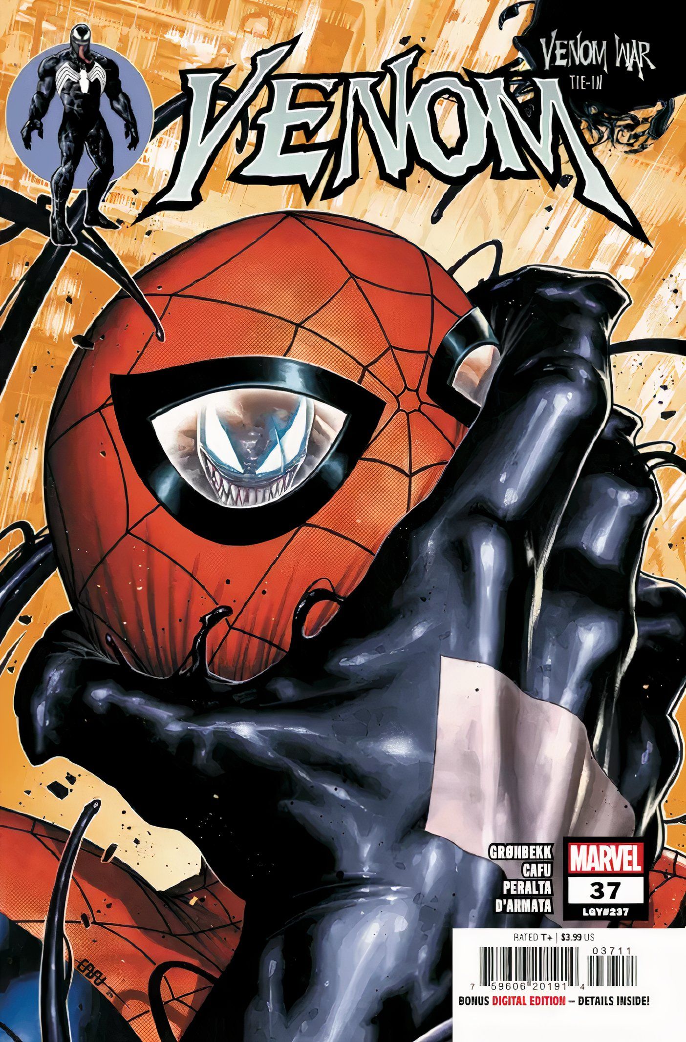 Imagem da capa do Venom #37, Venom agarrando o Homem-Aranha pela cabeça