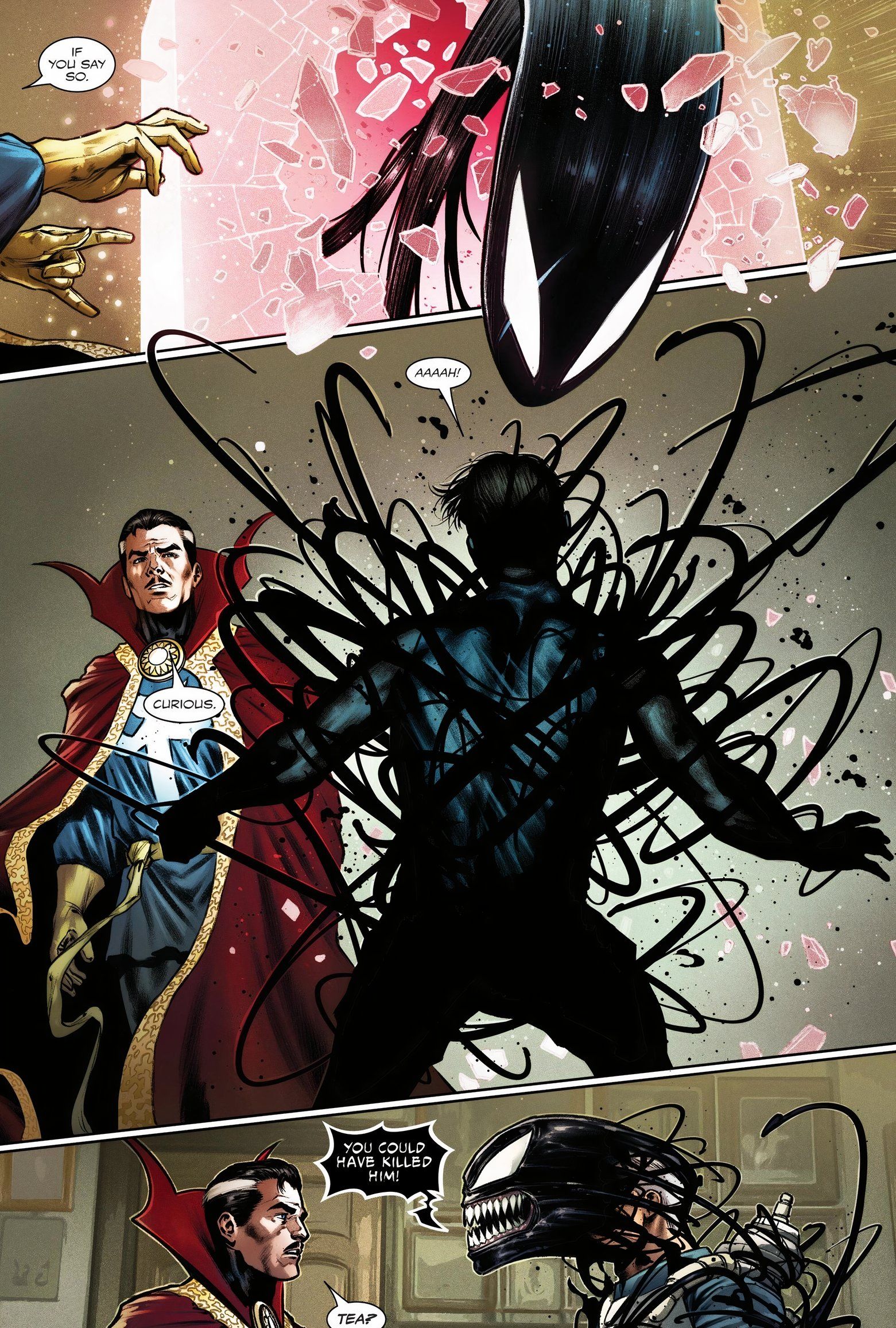 Comic book page: Venom reveals himself to Doctor Strange.